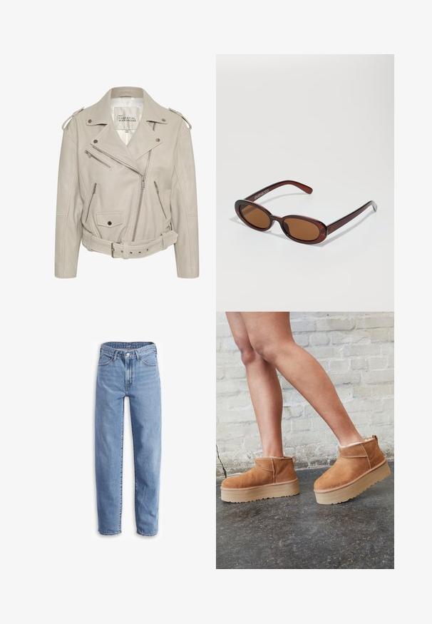 Bežna usnjena motoristična jakna z več žepi na zadrgo, pasom in epauleti na ramenih. Gladka tekstura in strukturiran dizajn.; Dolgimi rokavi oblečen vrh z visokim ovratnikom, leopardjim vzorcem v rjavih in bež odtenkih, z nabranimi detajli spredaj za oblikovanje.; Svetlo modri traper hlače, sproščenega kroja, ravne nogavice, z načrtovanjem petih žepov in raztrganimi robovi za sproščen videz.; Rjavi semiš škornji do gležnjev s puhastim podlogo, debelim bež platformnim podplatom in zanko na zadnji strani. Teksturirana površina z vidnimi šivi.; Okrogle, rjavo obarvane sončne naočare z sijočim burgundskim okvirjem. Tanek nosilec s subtilnim logotipom. Oblika leč je ravna.