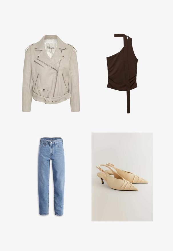 Beige Leder-Motorradjacke mit mehreren Reißverschlusstaschen, taillierter Taille und Schulterklappen. Glatte Textur und strukturierte Form.; Braunes, einseitiges Oberteil aus weichem Stoff, mit drapiertem Design, seitlichem Raffung und einem langen Träger, der von der Schulter abläuft.; Helle blaue Jeans aus Denim, mit entspannter Passform, geradem Bein, Fünf-Taschen-Design und ausgefransten Säumen für einen lässigen Look.; Beige Leder-Slingback-Absätze mit spitzem Zehenbereich und gerafftem Texturdetail. Verfügt über einen niedrigen Absatz und einen verstellbaren Knöchelriemen.