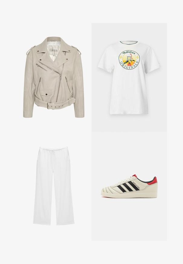 Beige színű bőr motoros dzseki több cipzáras zsebbel, övvel a deréknál és vállnál lévő epaulettekkel. Simább textúrájú és struktúrált kialakítású.; Fehér pamut póló rövid ujjakkal, kerek grafikus logóval zöld és sárga színben, amelyen az "Adidas Originals" felirat és gyümölcs minták láthatók.; Fehér, bővülő szárú nadrág puha anyagból, elöl húzózsinórral ellátott gumis derékkal és két oldalsó zsebbel. Egyszerű és letisztult dizájn.; Krém színű bőr sportcipők fekete csíkokkal, piros sarokdíszítéssel és texturált részletekkel. Gumi talppal és fűzős záródással rendelkezik.