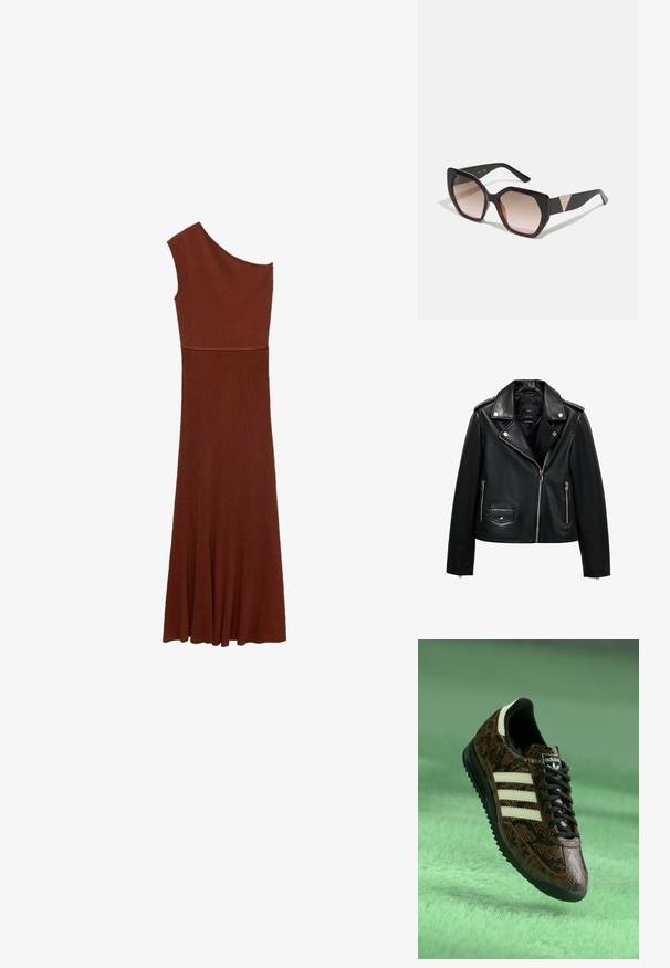 Jachetă de motociclist din piele neagră, cu fermoar frontal, nasturi cu capsa, finisaj texturat, epauleți și buzunare laterale.; Rochie asimetrică maro cu nervuri, cu un singur umăr; corset ajustat care se lărgește într-o fustă amplă. Textură netedă pe tot parcursul.; Tenis cu model de șarpe maro, având trei dungi albe, șireturi negre și o talpă din cauciuc texturată, cu un logo pe limbă.; Ochelari de soare cu o ramă din fâșii de țestoasă, formă octogonală supradimensionată, lentile în gradient și un accent triunghiular auriu pe temple.