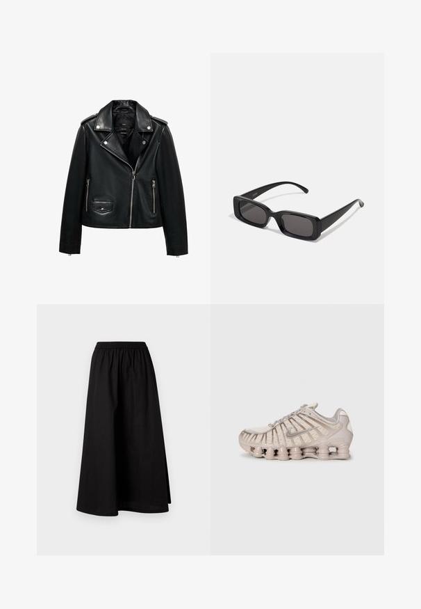 Zwarte leren motorjack met ritssluiting aan de voorkant, drukkers, gestructureerde afwerking, schouderstukken en zijzakken.; Witte katoenen tanktop met brede schouderbanden, een ronde halslijn en een gladde, geribbelde textuur. Geen patronen of accenten aanwezig.; Zwarte, knielange rok van lichte stof met een elastische tailleband en een ontspannen, A-lijn silhouet. Heeft geen zichtbare patronen.; Lichtbeige sportschoen met een bovenwerk van mesh, een gestructureerd ontwerp en een kenmerkende gevoerde zool met cilindrische secties.; Zwarte rechthoekige zonnebril met donkere lenzen, glanzende afwerking, brede pootjes en een robuust frameontwerp. Gegraveerde merknaam op één van de pootjes.