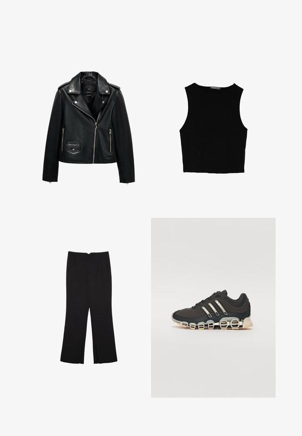 Sort lædermotorcykeljakke med lynlåslukning, trykknapper, struktureret overflade, skulderstropper og sidelommer.; Sort ærmeløs crop top lavet af glat stof, med rund hals og et rent, enkelt design uden mønstre eller hardware.; Sorte bukser med lige pasform, der har frontlommer og slidser i kanten. Lavet af blødt, glat stof. Velegnet til forskellige anledninger.; Sort træningssko med en tekstureret overdel, tre sølvstriber og en karakteristisk støttende sål med flere integrerede sektioner.