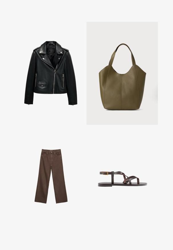 Mustahiilisesta mustasta nahasta valmistettu moottoripyöräatyylinen takki, jossa on vetoketjullinen etuosa, nepparit, teksturoitu pinta, olkatuet ja sivutaskut.; Kahvinsävyinen lyhythihainen t-paita, joka on valmistettu pehmeästä kankaasta. Pyöreä pääntie ja rento malli. Ei näkyviä kuvioita tai koristeita.; Leviittävät ruskeat farkut, jotka on valmistettu denimistä, korkea vyötärö, etutaskut ja klassinen nappikiinnitys. Silkkinen pinta hienovaraisella ompelutyöllä.; Ruske kožne sandale s križnim trakama, zatvaranjem na kopču oko gležnja i ravnim potplatom s minimalnim detaljima šivanja.; Oliivivärinen nahkakassi, jossa on kaksoisremmit, sileä pinta ja neljän paneelin muotoilu. Vahvistettu ompelu saumoissa kestävyyden takaamiseksi.; Selkeä ja meripihkaiset hartsi-renkaat, yksi sileä ja läpinäkyvä, toinen teksturoitu, meripihkan värinen. Molemmat esittelevät pyöristettyjä, massiivisia muotoja.