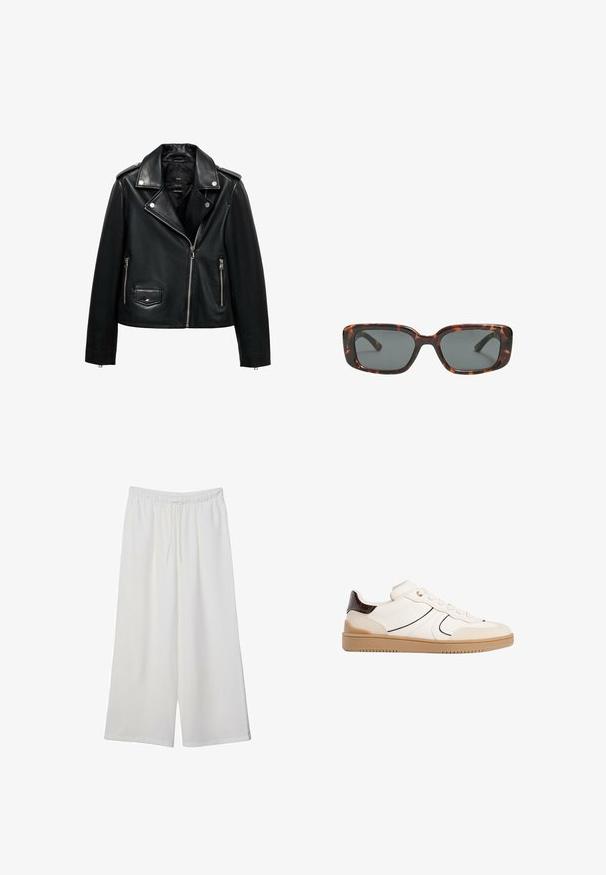 Čierna kožená motocyklová bunda so zipsom vpredu, cvokovými gombíkmi, štruktúrovaným povrchom, ramennými popruhmi a bočnými vreckami.; Svetlo béžové tričko s krátkym rukávom a okrúhlym výstrihom, vyrobené z jemnej, hladkej tkaniny. Má voľný strih a rovný lem.; Biele široké nohavice z ľahkého materiálu s elastickým pásom a šnúrkou na nastavenie veľkosti. Hladká textúra.; Stradivarius Tenisky - white; Rámiky slnečných okuliarov v štýle korytnačiny s obdĺžnikovými šošovkami, hrubými rámami a tmavými tónovanými šošovkami. Hladký povrch a minimalistický dizajn.