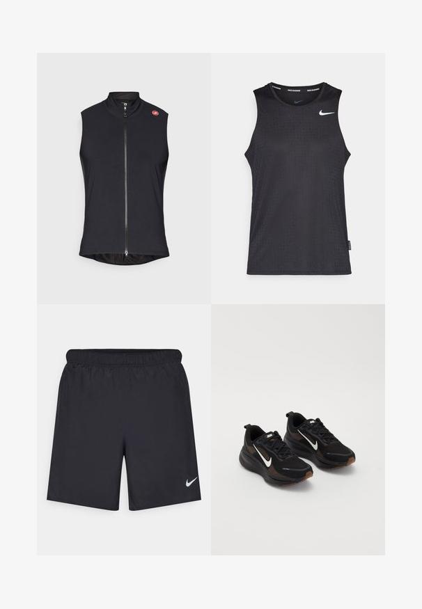 Musta hihaton liivi, joka on valmistettu sileästä ja joustavasta kankaasta. Täydessä etuvetoketjussa ja korkeassa kauluksessa; pieni logo vasemmalla olalla.; Musta hihaton urheilullinen toppi, joka on valmistettu sileästä materiaalista, jossa on teksturoitu kuvio ja pieni valkoinen Nike-logo rintakehässä.; Mustat urheilushortsit, jotka on valmistettu kevyestä materiaalista ja joissa on joustava vyötärö. Alareunassa vasemmalla puolella on pieni valkoinen Nike-logo.; Mustat urheilukengät, joissa on hengittävä verkkomateriaali, valkoinen Nike-logoelementti, teksturoitu pohja ja erottuvat ruskeat yksityiskohdat. Sisältää vahvistetun kantapään.