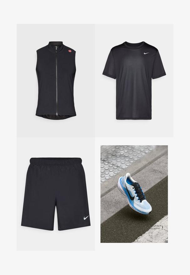Juodas berankovis liemenė iš lygaus, elastingo audinio, turintis visą priekį užtrauktuką ir aukštą apykaklę; mažas logo kairiajame petyje.; Juodas sportinis marškinėliai su trumpomis rankovėmis, apvaliu kaklu, pagaminti iš lygaus audinio. Ant viršutinio kairiojo kampo yra mažas baltas Nike logotipas.; Juodos sportinės šortai, pagaminti iš lengvos medžiagos, su elastingu juosmeniu. Ant apatinės kairės pusės yra mažas baltas Nike logotipas.; Balti ir mėlyni bėgimo bateliai su juodais raišteliais ir Nike swoosh, pakibę virš asfalto ir šaligatvio krašto.