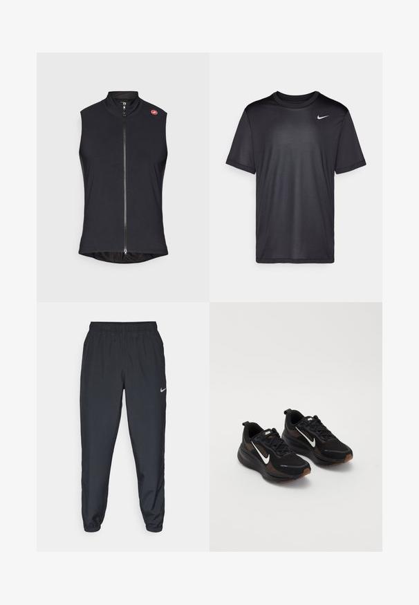 Fekete ujjatlan mellény sima, rugalmas anyagból, teljes előlapi cipzárral és magas gallérral; kis logó a bal vállon.; Fekete sportpóló rövid ujjakkal, kerek nyakkal, sima anyagból készült. Az elülső bal felső részen egy kis fehér Nike logó található.; Fekete sportnadrág könnyű anyagból, rugalmas derékkel és bokacsatokkal, a bal oldalon egy diszkrét Nike logóval.; Fekete sportcipők légáteresztő hálós felsőrésszel, fehér Nike logóval, texturált talppal és kontrasztos barna díszítésekkel. Erősített sarokkal rendelkezik.