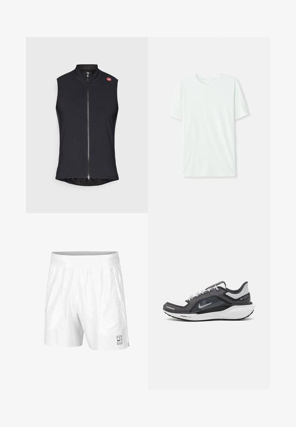Čierny bezrukávový vest s hladkým, elastickým materiálom, ktorý má celoprsný zips a vysoký golier; malá loga na ľavom pleci.; Svetlo mentolová kráťacia tričko s krátkym rukávom vyrobené z jemnej látky. Má okrúhly výstrih a jednoduchý, rovný strih bez ozdôb.; Biele športové šortky z ľahkej tkaniny s elastickým pásom, obsahujúce dve bočné vrecká a malé čierne logo na leme.; Čierna a sivá športová obuv s vrchnou časťou z priedušného materiálu, reflexné akcenty a biely medzipodrážka. Obsahuje štruktúrovanú gumovú podrážku a šnúrky.