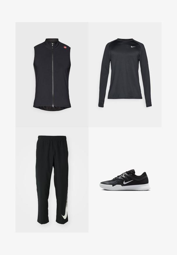 Svart ermeløs vest laget av glatt, elastisk stoff med hel glidelås foran og høy krage; liten logo på venstre skulder.; Langermet svart treningstrøye laget av et glatt, elastisk materiale. Har et subtilt teksturert design og en liten hvit logo på brystet.; Svarte treningbukser med elastisk midje, smalere design, med en stor hvit Nike-logo på venstre bein. Myk, lett stoff.; Svart treningssko med teksturert overdel, hvit Nike-swoosh og hvit gummisåle. Har snøring og en dynamisk form.