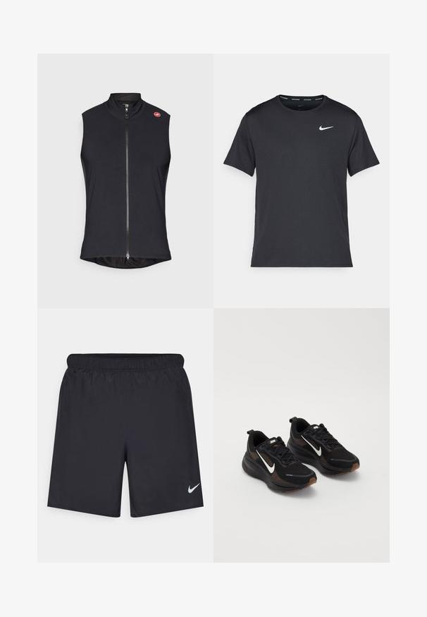 Czarna bezrękawnik wykonany z gładkiego, elastycznego materiału, z pełnym zamkiem z przodu i wysokim kołnierzem; małe logo na lewym ramieniu.; Czarna koszulka do biegania Nike z lekkiego, oddychającego materiału, z krótkimi rękawami i małym białym logo na piersi.; Czarne spodenki sportowe wykonane z lekkiego materiału, z elastycznym pasem. Posiadają małe białe logo Nike na dolnej lewej stronie.; Czarne buty sportowe z oddychającą siateczką, biały znak Nike, teksturowana podeszwa oraz kontrastujące brązowe akcenty. Zawierają wzmocniony obcas.