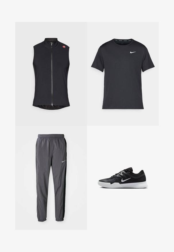 Čierny bezrukávový vest s hladkým, elastickým materiálom, ktorý má celoprsný zips a vysoký golier; malá loga na ľavom pleci.; Čierne bežecké tričko Nike vyrobené z ľahkého a priedušného materiálu, s krátkymi rukávmi a malým bielym logom na hrudi.; Nike teplákové nohavice, vyrobené z ľahkého materiálu, v tmavosivej farbe s čiernymi bočnými panelmi. Majú elastický pás a reflexné logo.; Čierna športová topánka s textúrovaným zvrškom, bielym logom Nike a bielou gumovou podrážkou. Má šnurovací dizajn a dynamický tvar.