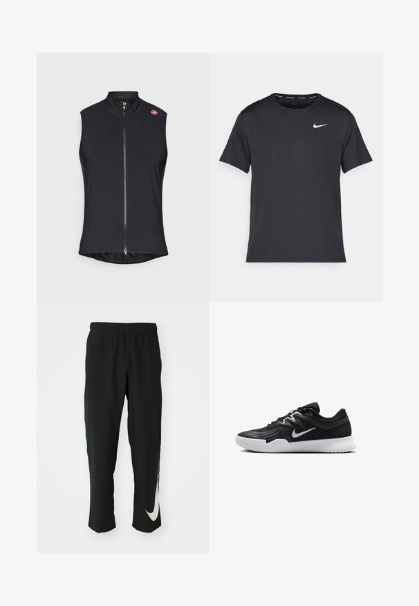 Svart ermeløs vest laget av glatt, elastisk stoff med hel glidelås foran og høy krage; liten logo på venstre skulder.; Svart Nike løpe-T-skjorte laget av lett, pustende stoff, med korte ermer og en liten hvit logo på brystet.; Svarte treningbukser med elastisk midje, smalere design, med en stor hvit Nike-logo på venstre bein. Myk, lett stoff.; Svart treningssko med teksturert overdel, hvit Nike-swoosh og hvit gummisåle. Har snøring og en dynamisk form.