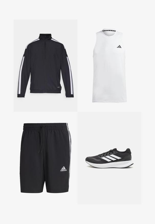Black athletic jacket with a high collar, zip closure, and white side stripes. Features elastic cuffs and a logo on the hem. Lightweight material.; White sleeveless athletic tank top made of smooth fabric. Features a black logo on the left chest and a patterned black neckline.; Black athletic shorts made of lightweight fabric, featuring a drawstring waist, side stripes, and a white logo on the lower left front.; Black athletic shoe with breathable mesh upper, white accents, and a cushioned sole. Features three stripes logo on the side.