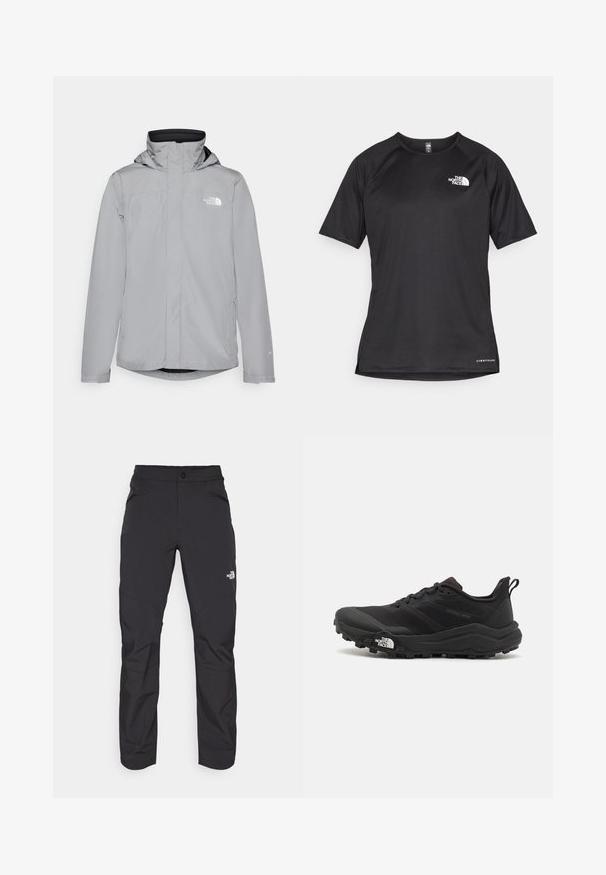 Jaca cinza claro com fecho de zip, capuz ajustável e logótipo bordado no lado esquerdo do peito. Tecido suave com um corte regular.; Camisa atlética preta de manga curta com um tecido texturizado, apresentando um logotipo branco no peito esquerdo e uma bainha reta.; Calças de exterior pretas com um bolso frontal com fecho éclair, material sintético, pernas ajustadas e painéis de joelho reforçados. Apresenta um fecho de botão.; Sapatilha de trail running preta com um upper texturizado, sola de borracha e biqueira reforçada. Possui um colarinho acolchoado e uma alça para facilitar o calçar.