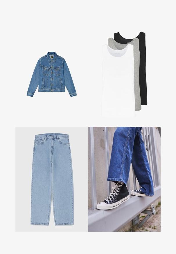 Farkkutakki vaaleansinisen pesun kanssa, klassinen malli, terävä kaulus, kultaiset nappikiinnitykset ja kaksi rintataskua koristeommelluksilla.; Kolme hihattomaa toppia valkoisena, harmaana ja mustana. Jokaisessa on klassinen hihaton muotoilu, ja ne on valmistettu kevyestä puuvillakankaasta, jossa on ribbausrakenne.; Vaaleansiniset farkut suoran lahkeen muotoilulla, joissa on puolivälin vyötärö, viisi taskua sekä nappi- ja vetoketjusuljenta.; Mustat high-top tennarit valkoisella pohjalla ja nauhoilla, yhdistettynä väljään sinisiin farkkuihin, lepäävät harmaalla kaiteella.