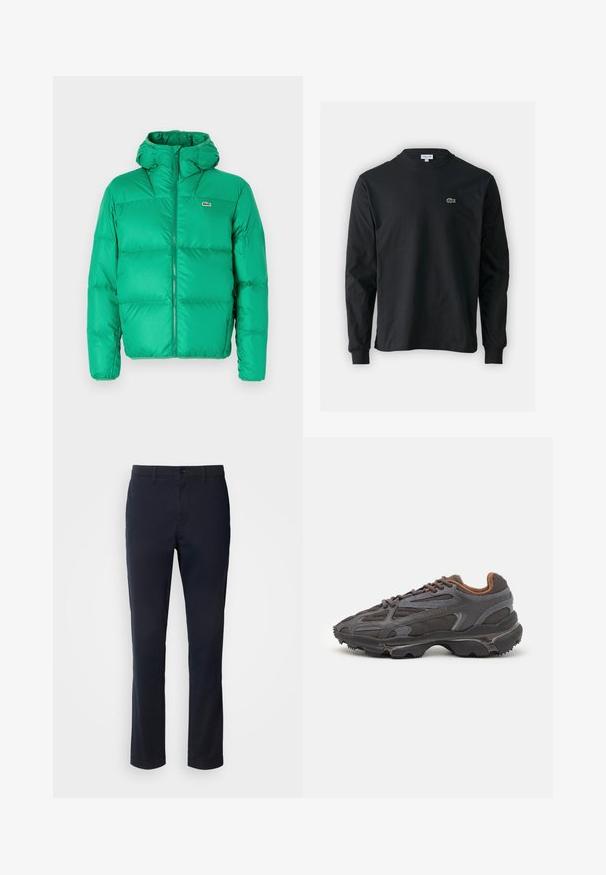 Zelena puffer jakna s kapuljačom, s patentnim zatvaračem, kviltanim dizajnom i prepoznatljivim logom na lijevoj strani prsnog koša. Glatki, sjajni materijal.; Crna majica dugih rukava od pamuka, s okruglim izrezom i malim zelenim izvezenim logotipom krokodila s lijeve strane prsnog dijela.; Mornarske plave hlače od glatkog materijala, sa ravnim nogavicama, s petljama za pojas i kopčanjem na gumb s zatvaračem.; Lacoste tenisice u tamno sivoj boji s mrežastim i sintetičkim materijalom, s teksturiranom potplatom i smešnim akcentima na ovratniku i brandiranju.