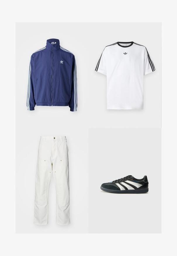 Navy blue zip-up jacket with a high collar, white Adidas logo, and three white stripes on each sleeve. Made of lightweight fabric.; White T-shirt made of cotton, featuring a black round neckline and three black stripes on each shoulder. Small black logo on the chest.; White cotton cargo pants with a relaxed fit. Features include front pockets, gold hardware accents, and reinforced knee sections.; adidas Performance PREDATOR FREESTYLE JUDE INDOOR FOOTBALL SHOES - Indoor football boots - core black/silver-coloured/glory blue