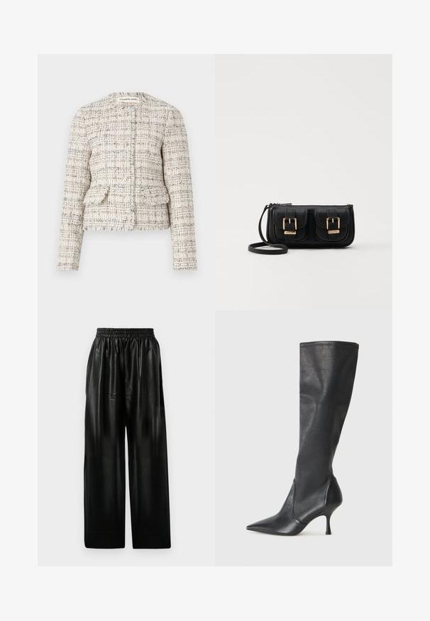 Blazer texturizado em creme e preto, com decote redondo, fecho com botão e dois bolsos frontais. Bordas desfiadas e design ajustado.; Pulôver castanho de malha com gola, com um fecho de cinco botões, mangas longas e barra curta. Textura suave e design ajustado.; Calças largas de couro preto com cintura elástica, apresentando dois bolsos laterais e uma textura suave e brilhante.; Botas de couro pretas até ao joelho, com bico apontado e um salto stiletto fino. Textura suave com design ajustado e costura na borda superior.; Bolsa de ombro em couro preto com dois bolsos frontais, fivelas douradas, fecho de zíper e uma alça fina. Superfície texturizada e forma retangular compacta.