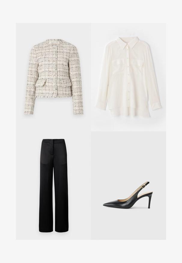 Cream and black textured tweed blazer with a round neckline, button closure, and two front pockets. Frayed edges and fitted design.; White button-up shirt made of lightweight fabric. Features a classic collar, two chest pockets, and a slightly longer back hem.; Wide-leg black trousers with a textured surface, featuring a flat waistband and two side pockets. The fabric appears lightweight and flowing.; Black leather slingback high heels with a pointed toe, adjustable strap, and a sleek stiletto heel, featuring a smooth finish.