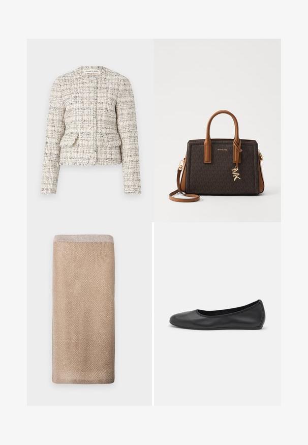 Cream and black textured tweed blazer with a round neckline, button closure, and two front pockets. Frayed edges and fitted design.; White blouse with a scoop neckline, pleated front, and three-quarter puff sleeves. Made of lightweight fabric with a soft texture.; Beige knitted scarf with a subtle sheen, textured finish, and a lighter-colored trim at the top edge. Rectangular shape.; Black leather ballet flat with a rounded toe, smooth texture, minimal stitching detail, and a flexible sole design.; MICHAEL Michael Kors LAILA SATCHEL - Handbag - brown