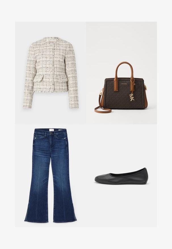 Krém és fekete textúrált tweed blézer, kerek nyakkivágással, gombos zárással és két elülső zsebbel. Feslett szélek és régies szabás.; Fehér blúz kerek nyakkivágással, plissézett elülső résszel és háromnegyedes puffos ujjal. Könnyű anyagból készült, amely puha tapintású.; Sötétkék, trapéz fazonú farmernadrág, amelyek denim anyagból készültek. Magas derekú, elöl zsebekkel és részekkel a szegésnél. Klasszikus, öt zsebes kialakítás.; Fekete bőr balettcipő lekerekített orral, sima tekstúrával, minimális varrással és rugalmas talp kialakítással.; MICHAEL Michael Kors LAILA SATCHEL - Kézitáska - brown