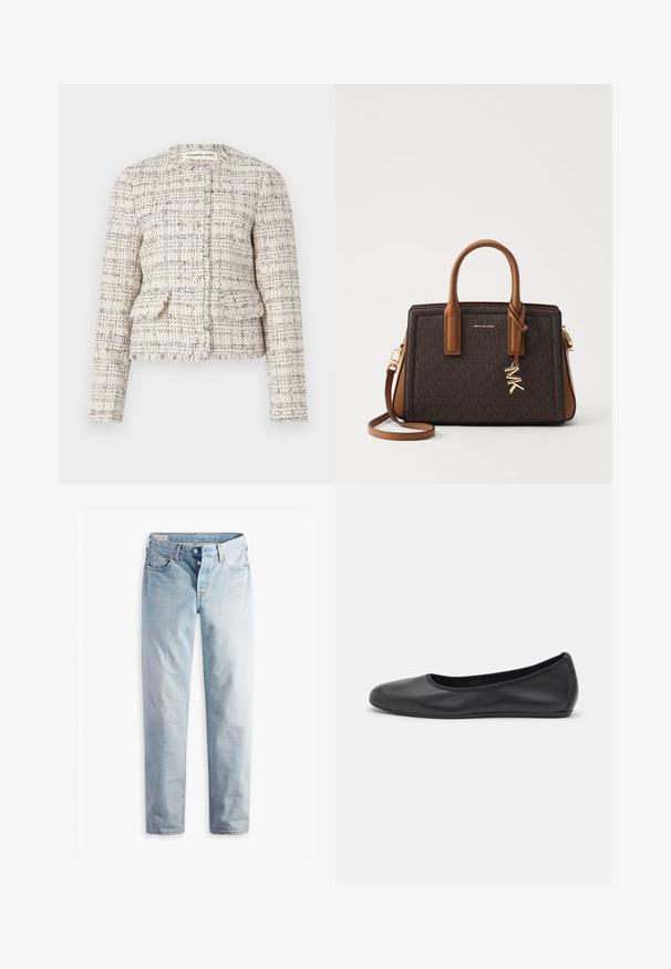 Sacou din tweed texturat crem și negru, cu guler rotund, închidere cu nasture și două buzunare frontale. Marginile desfăcute și designul ajustat.; Bluză albă cu decolteu rotunjit, față pliată și mâneci bufante până la trei sferturi. Fabricată dintr-un material ușor, cu o textură moale.; Jeans din denim de culoare albastru deschis, cu croială dreaptă, două buzunare frontale și două buzunare spate. Include un sistem de închidere cu două butoane și coasere subtile.; Balerini din piele neagră, cu vârf rotund, textură netedă, detalii de cusătură minimale și un design al tălpii flexibil.; MICHAEL Michael Kors LAILA SATCHEL - Geantă de mână - brown