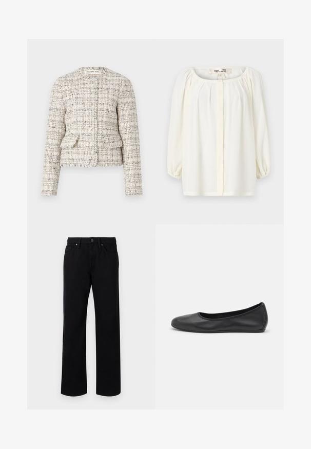 Cream and black textured tweed blazer with a round neckline, button closure, and two front pockets. Frayed edges and fitted design.; White blouse with a scoop neckline, pleated front, and three-quarter puff sleeves. Made of lightweight fabric with a soft texture.; Black straight-leg jeans made of cotton, featuring a front button closure, belt loops, and five pockets. Smooth texture with no patterns.; Black leather ballet flat with a rounded toe, smooth texture, minimal stitching detail, and a flexible sole design.