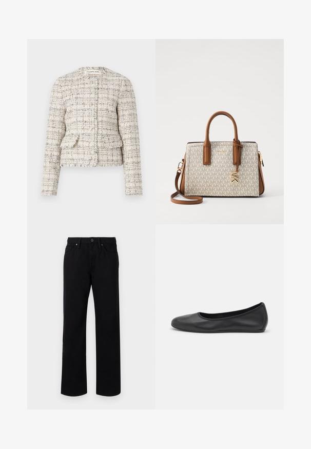 Krém és fekete textúrált tweed blézer, kerek nyakkivágással, gombos zárással és két elülső zsebbel. Feslett szélek és régies szabás.; Fehér blúz kerek nyakkivágással, plissézett elülső résszel és háromnegyedes puffos ujjal. Könnyű anyagból készült, amely puha tapintású.; Fekete egyenes szárú farmernadrág, pamutból készült, elöl gombos záródással, övszíjhurkokkal és öt zsebbel. Simább textúra, minta nélkül.; Fekete bőr balettcipő lekerekített orral, sima tekstúrával, minimális varrással és rugalmas talp kialakítással.; Beige színű táska monogramos mintával, barna bőr részletekkel, dupla felső fogantyúkkal, állítható vállpánttal és aranyszínű fémszerelvényekkel.