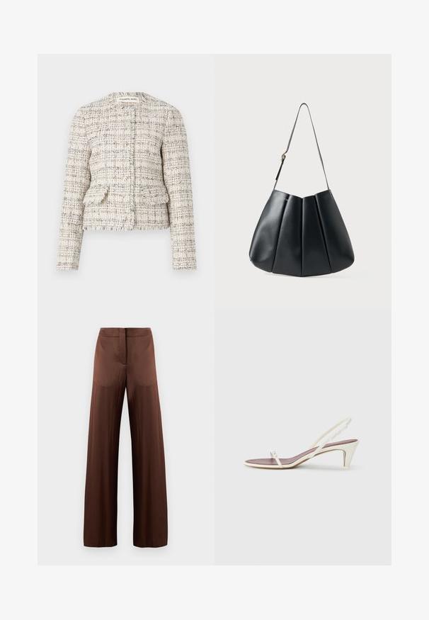 Kremovo-čierny textúrovaný žakárový blazer s okrúhlym výstrihom, zapínaním na gombíky a dvoma prednými vreckami. Nerovné okraje a priliehavý strih.; Čierna voľná blúzka s okrúhlym výstrihom, trojštvrťovými rukávmi a voľným, štruktúrovaným materiálom. Obsahuje zakrivený lem a minimalistický dizajn.; Hnedé nohavice s širokým strihom vyrobené z hladkej, ľahkej látky, s plochým predným dielom, bez vreciek a s rovným siluetom.; Biele sandále na opätku so slabým podpätkom, tenkými pásikmi a hladkým koženým povrchom; obsahujú malú dekoratívnu sponu.; Čierna kožená kabelka cez rameno s plisovaným dizajnom, hladkým povrchom, jedným popruhom a jemným zlatým príslušenstvom.
