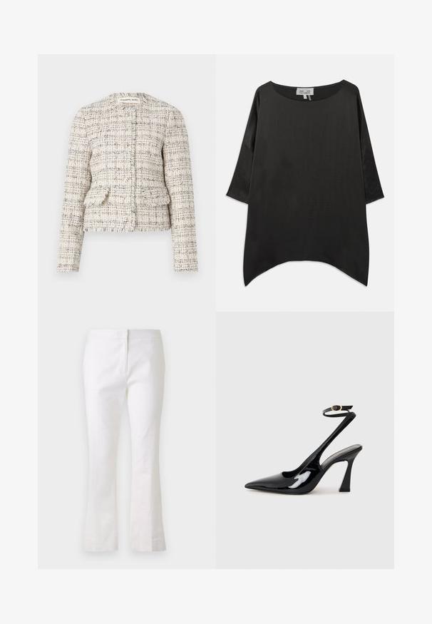 Cremefarvet og sort tekstureret tweedjakke med rund halsudskæring, knaplukning og to frontlommer. Frayed kanter og tætsiddende design.; Sort oversized bluse med rund halsudskæring, trekvartærmer og et let, tekstureret stof. Har buet kant og minimalistisk design.; Hvide, flagrende bukser lavet af letvægtigt stof. Har en flad front med lynlåslukning og en glat overflade. Simpelt og rent design.; Sorte patentlæder slingback højhælede sko med spids tå, justerbar ankelrem og moderat blokhæl. Glat tekstur med blank finish.