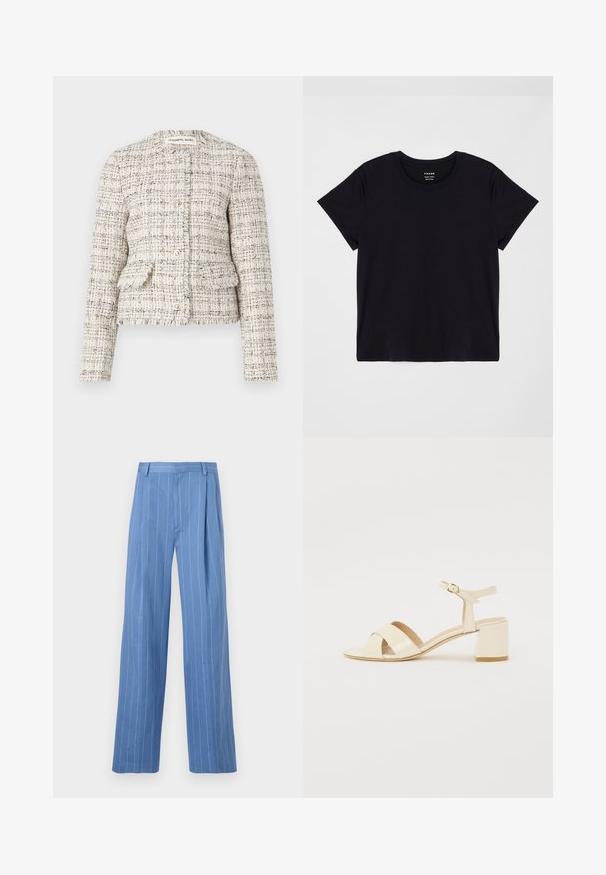 Kremna in črna teksturirana tweed blazer jakna s okroglim izrezom, gumbom na zapiranju in dvema sprednjima žepoma. Frfotane robove in oprijet kroj.; Črna kratka majica z njuhami iz mehkega bombaža. Klasičen krožni izrez s preprosto, neokrašeno površino in sproščenim krojem.; Svetlo modre široke hlače z vertikalnimi belimi črtami. Narejene iz gladkega materiala, z sprednjim pregibom in čistim dizajnom pasu.; Bež lakirane usnjene sandale s peto z zasnovo čez trak, odprtim prstom, nastavljivim gležnjenjem in blok peto. Gladka tekstura.