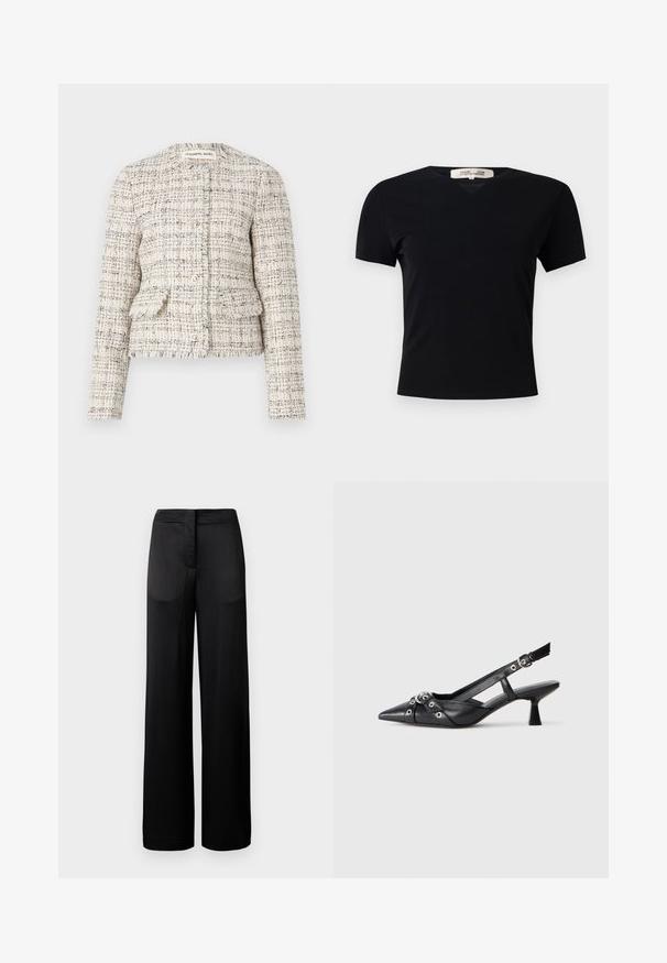 Cremefarvet og sort tekstureret tweedjakke med rund halsudskæring, knaplukning og to frontlommer. Frayed kanter og tætsiddende design.; Sort kortærmet t-shirt med V-halsdesign, lavet af et glat, strækbart stof. Har en enkel, klassisk silhuet uden udsmykninger.; Bredbenede sorte bukser med en tekstureret overflade, der har en flad talje og to sidelommer. Stoffet ser let og strømmende ud.; Sort lædersandal med spids tå, dekorative stropper med metaløjer og en lav blokhæl. Struktureret overflade.
