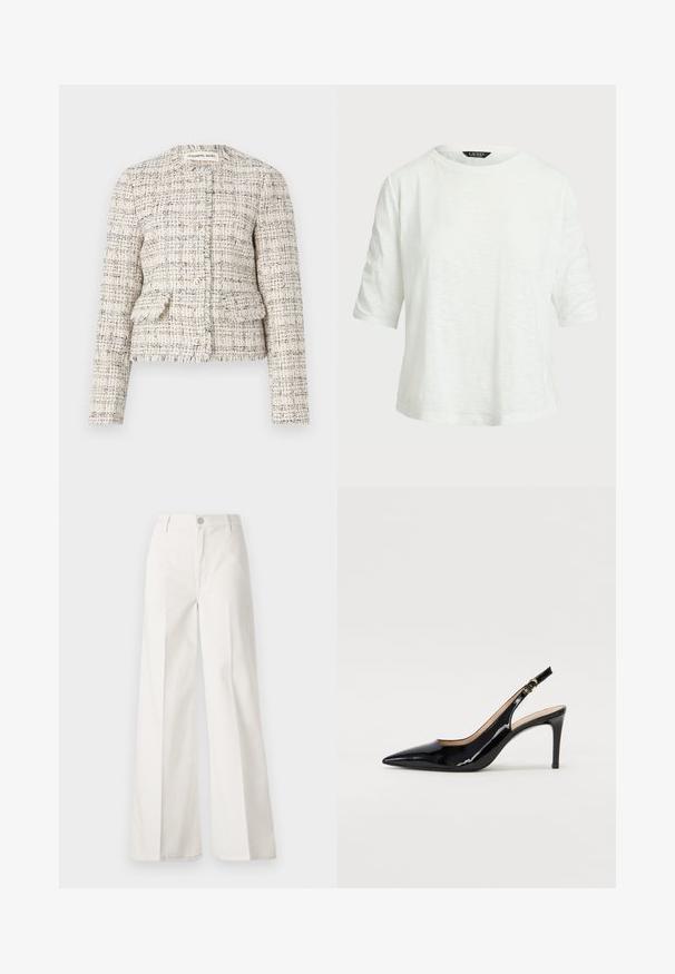 Kremo ir juodo tekstūruoto tweed švarko, su apvaliu iškirpimu, mygtukų užsegimu ir dviem priekinių kišenių. Išplėšti kraštai ir prigludęs dizainas.; Balta trumpo rankovių marškinėliai, pagaminti iš lengvos medžiagos. Turi apvalią iškirptę ir laisvą siluetą su subtiliu tekstūruotu raštu.; Balti platūs baltos spalvos keliai, pagaminti iš medvilnės su lygiu paviršiumi. Yra priekinis mygtukas, užtrauktukas ir keturi kišenės.; Juodas lakinės odos slingback batelis su smailiu nosiu, plonu kulnu ir subtiliu išpjovos dizainu. Yra auksinė sagtis ant dirželio.