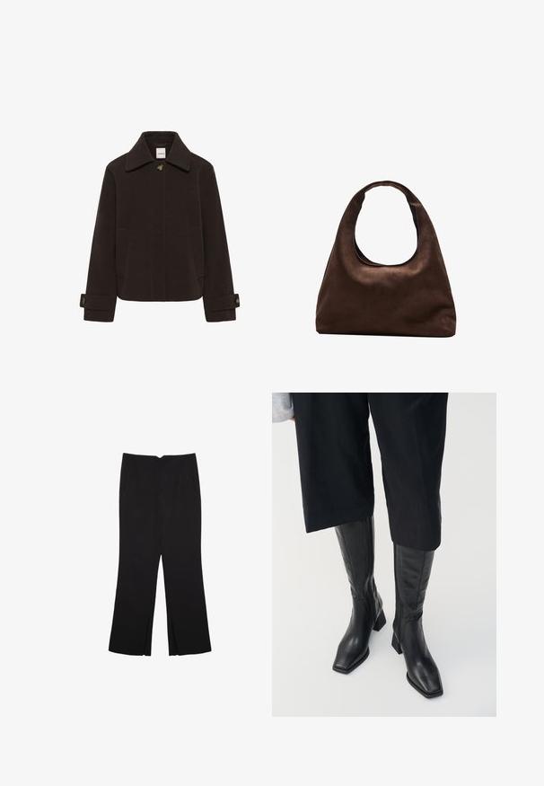 Mørkebrun uldjakke med spids krave, frontknaplukning, to sidelommer og manchetter med knapper til justering.; Sort striktrøje med lange ærmer, polstrede skuldre og ribkantede manchetter og kant, vist mod en hvid baggrund.; Sorte bukser med lige pasform, der har frontlommer og slidser i kanten. Lavet af blødt, glat stof. Velegnet til forskellige anledninger.; Sorte læder støvler til knæene med firkantet tå og blokhælc. Har en sidezipper og glat tekstur.; Blød brun hobo-stil håndtaske med en enkelt bred strop og en buet åbning på toppen, vist på en hvid baggrund.