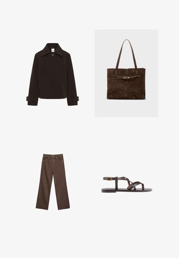 Mørkebrun uldjakke med spids krave, frontknaplukning, to sidelommer og manchetter med knapper til justering.; Sort cropped sweater lavet af strikket materiale, med ribbet halsudskæring og manchetter, lange ærmer og en afslappet pasform.; Bredde ben brun denim jeans med høj talje, forlommer og klassisk knaplukning. Glat tekstur med diskret syninger.; Brune lædersandal med krydsende stropper, ankelspænde og en flad sål med minimale syninger.; Brun ruskinds tote bag med lange håndtag, der har et fladt design og en dekorativ rem med accent i sølvfarvet metal.