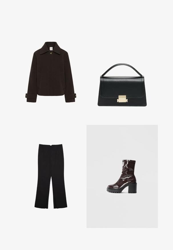 Mørkebrun uldjakke med spids krave, frontknaplukning, to sidelommer og manchetter med knapper til justering.; Sort langærmet bluse lavet af struktureret stof. Har en rund halsudskæring og et cropped design med tætsiddende ærmer. Ingen synlige mønstre.; Sorte bukser med lige pasform, der har frontlommer og slidser i kanten. Lavet af blødt, glat stof. Velegnet til forskellige anledninger.; Glatte burgunder ankelstøvler med en chunky sort hæl, der har en glat tekstur og et simpelt design. Ingen synlige lukninger eller mønstre.; Sort læderhandtaske med et struktureret design, topbærerhåndtag og en detalje i guldfarvet metalklap på fronten. Glat tekstur, minimal syning.