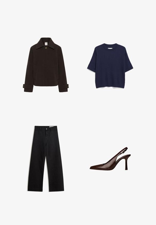 Dunkelbraune Wolljacke mit spitzem Kragen, Frontknopfschluss, zwei seitlichen Taschen und Ärmeldetails mit Knöpfen zur Anpassung.; Dunkelblauer gestrickter Pullover mit kurzen Ärmeln, geripptem Textur, Rundhalsausschnitt und geradem Saum. Einfaches Design, ohne sichtbare Hardware oder Akzente.; Schwarze weit geschnittene Jeans mit hoher Taille, ausgestattet mit Vorder- und Hintertaschen, gesteppten Nähten und einem Knopfverschluss. Glatte Textur.; Braune Leder-Slingback-Pumps mit spitzer Zehenform und dünnem Absatz. Sie verfügen über eine kleine Akzent-Schnalle am Riemen und eine glänzende Oberfläche.