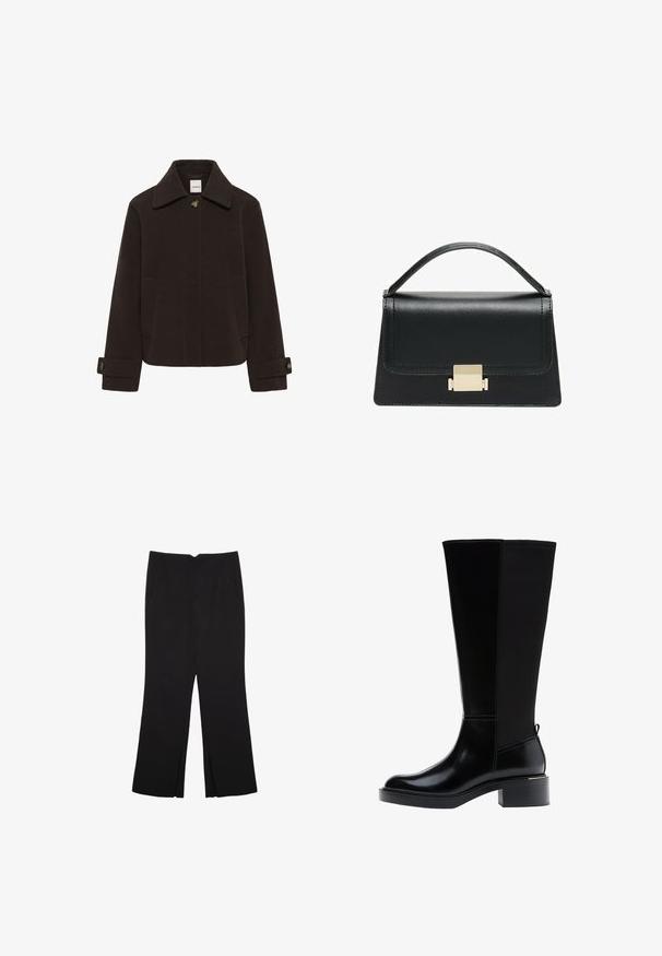 Dark brown wool jacket with a pointed collar, front button closure, two side pockets, and cuff accents with buttons for adjustment.; Black long-sleeve cropped top with round neckline, plain design, and a slightly curved hem.; Black trousers with a straight fit, featuring front pockets and side slits at the hem. Made of soft, smooth fabric. Suitable for various occasions.; Black knee-high boot with a smooth leather finish, prominent stitching, a chunky heel, and a textured back panel for added interest.; Black leather handbag with a structured design, top handle, and a gold metal clasp detail on the front. Smooth texture, minimal stitching.