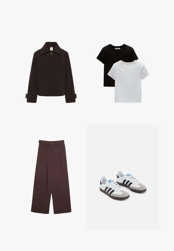 Mørkebrun uldjakke med spids krave, frontknaplukning, to sidelommer og manchetter med knapper til justering.; To crew-neck t-shirts i sort og hvid, lavet af bomuld. De har korte ærmer og et ensfarvet design uden mønstre eller accenter.; Stradivarius WIDE-LEG WITH BUCKLE DETAIL - Bukser - dark brown; Sportsko med en overdel i hvid læder, grå ruskind på tåen og tre sorte striber. Har et blåt logo på tungen og en struktureret gummisål.