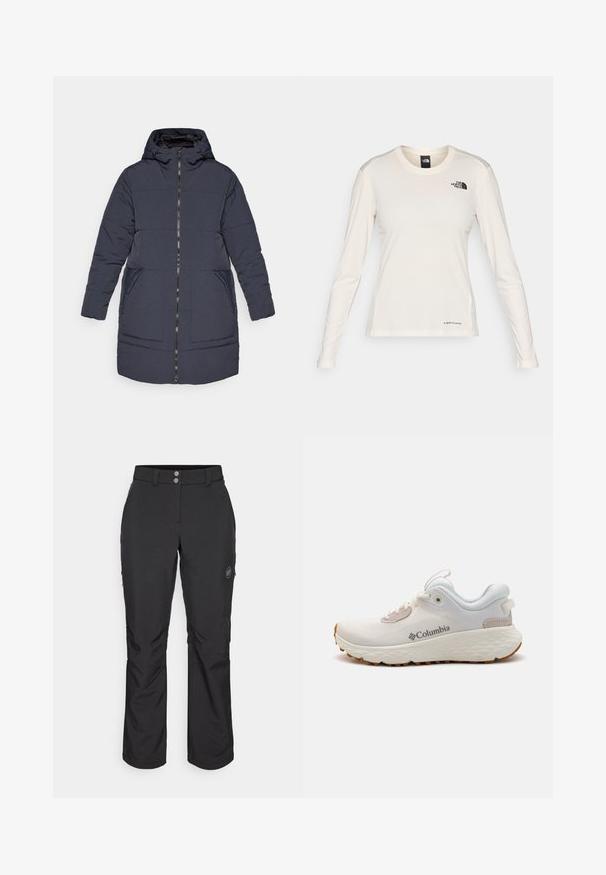 Geacă puffer bleumarin cu glugă, fermoar pe toată lungimea și două buzunare în față. Are un design matlasat și un material neted, rezistent la apă.; The North Face SHADOW LONG SLEEVE - Bluză cu mânecă lungă - white dune; Pantaloni negri de exterior cu croi drept, prevăzuți cu închidere cu un buton, buzunare laterale cu fermoar și o etichetă cu logo pe coapsa stângă.; Pantofii sport Columbia, ușori, din plasă albă, cu o talpă texturată gri și tracțiune din cauciuc. Prezintă o margine căptușită și un design cu șireturi.