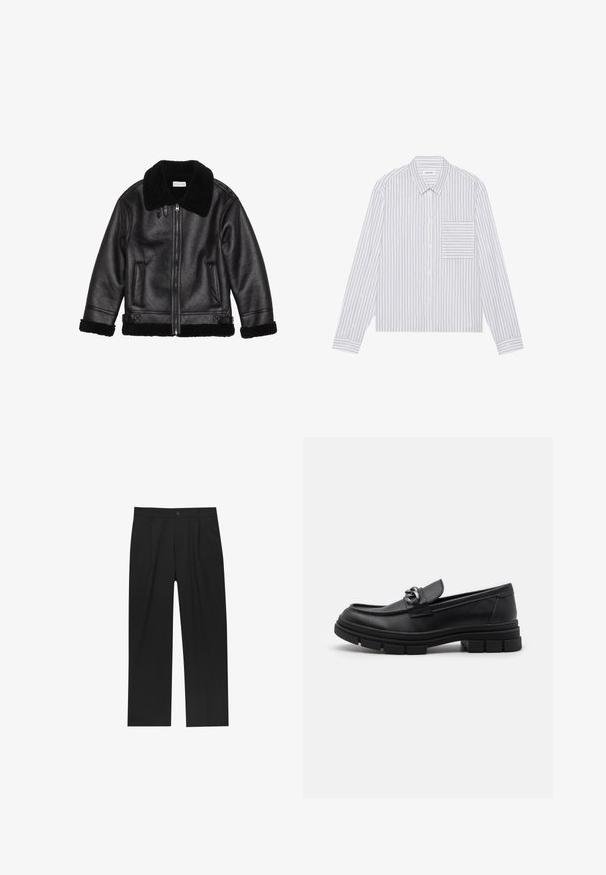 Giacca di pelle nera con colletto in pelliccia, chiusura con zip, tessuto texturizzato, due tasche frontali e dettagli in pelliccia alle maniche e all'orlo.; Camicia bianca con bottoni, caratterizzata da sottili righe verticali grigie. Presenta una tasca a toppa sul lato sinistro, colletto classico e maniche lunghe.; Pantaloni neri con un design a gamba dritta, realizzati in un tessuto liscio. Presentano pieghe frontali e una chiusura a un bottone in vita.; Mocassino in pelle nera con punta arrotondata, una fascia decorativa e accessori in metallo, e una suola spessa e testurizzata. Finitura liscia con dettagli sottili.