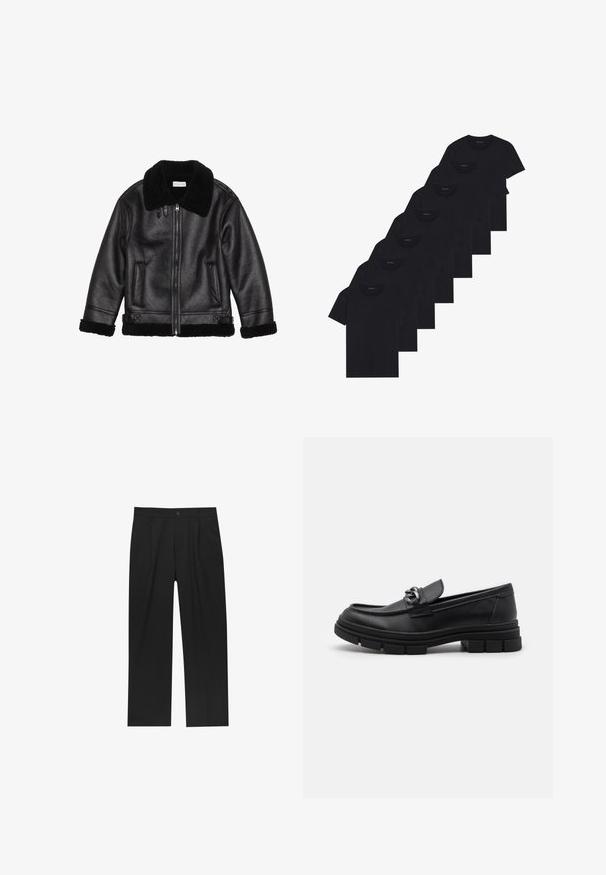 Svart läderjacka med lammullskrage, dragkedjestängning, texturerat tyg, två framfickor och lamullaccent på ärmar och nedkant.; Set med åtta svarta bomullströjor med korta ärmar och rundad halsringning, med en enkel design och mjuk textur.; Svarta byxor med rak ben-design, tillverkade av ett jämnt tyg. Har framfickor och en enkel knapplåsning i midjan.; Svart läderloafersko med rund tå, en dekorativ rem och hårdvara, samt en chunky texturerad sula. Slät finish med subtila detaljer.