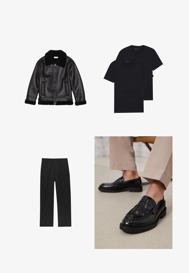 Zwarte leren jas met een schapenvachtkraag, ritssluiting, gestructureerde stof, twee voorzakken en schapenvachtaccenten op de manchetten en onderkant.; Twee zwarte crew neck t-shirts gestapeld. Gemaakt van zacht katoen, met korte mouwen, met een eenvoudig ontwerp en zonder zichtbare patronen of versieringen.; Zwarte broeken met een recht model, gemaakt van een gladde stof. Voorzien van een voorplooien en een enkele knoopsluiting bij de taille.; Zwarte leren loafers met een gladde afwerking, voorzien van een decoratieve band en contrasterende stiksels, gecombineerd met beige broeken.