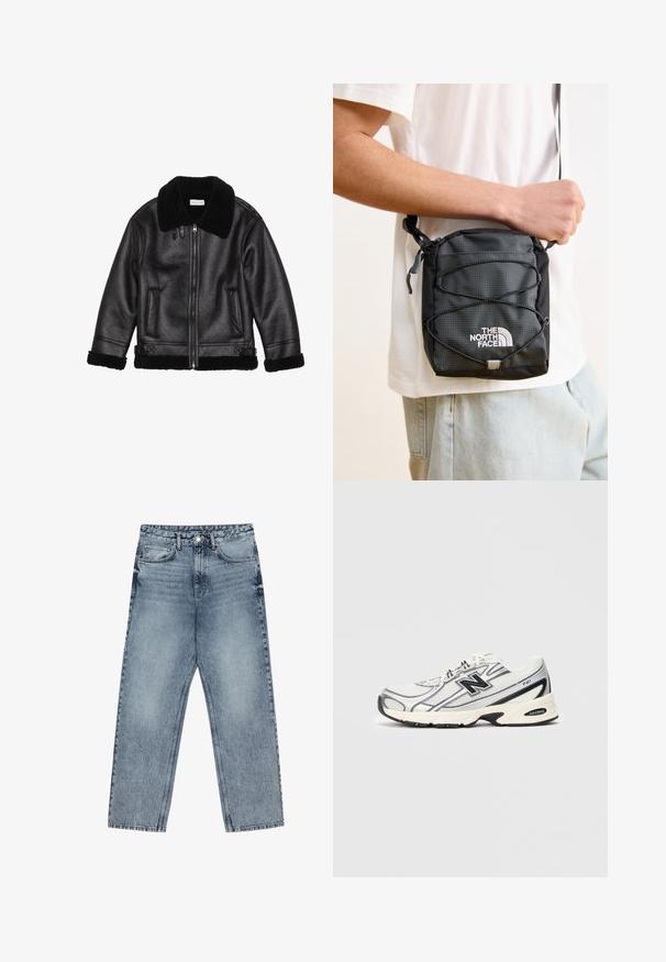 Fekete bőrdzseki gyapjú gallérral, cipzáros záródással, textúrált anyaggal, két elülső zsebbel, valamint gyapjú díszítéssel a mandzsettákon és az alján.; Két fekete, kerek nyakú póló egymásra rakva. Puha pamutból készült, rövid ujjú, egyszerű dizájnnal, minták vagy díszítmények nélkül.; Világoskék farmernadrág egyenes szárú szabással, látható varrással, öt zsebes kialakítással és gombos derékkal.; Fehér és szürke sportcipő fekete "N" logóval, hálós felsőrész, párnázott talp és fűzős kialakítás, világos szürke háttér előtt.; Fekete nylon keresztpántos táska texturált felülettel, állítható pánttal és bungee zsinór részletekkel. Fehér "The North Face" logóval rendelkezik.