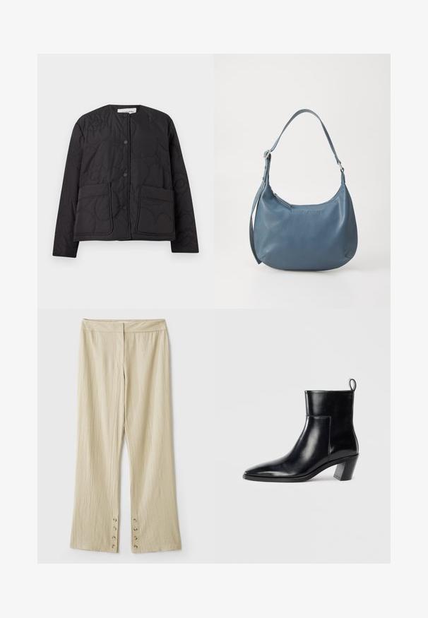 Quiltet sort jakke med rund halsudskæring, trykknaplukning og to forlommer. Har et struktureret, blomsterpræget reliefmønster på stoffet.; Cable-knit zip-up cardigan i mørke olivengrøn. Har en ribbet krave, tekstureret mønster og en sølvfarvet lynlåslukning.; Hvid bomulds t-shirt med korte ærmer, rund halsudskæring og en afslappet pasform. Glat tekstur, ingen mønstre eller accenter, minimalistisk design.; Beige brede bukser i et struktureret stof. Har en flad talje og fem knapper ved kanten til lukning. Foldet design.; Sort læder ankelstøvle med spids tå, geometrisk stablet hæl og en løftestrop bagpå. Glat tekstur og slankt design.; Blå læderhåndtaske med en rundt form, enkelt skulderstrop, lynlås lukning og præget brandnavn på fronten. Glat tekstur.