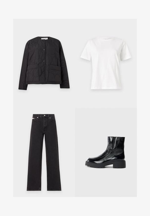Quilted black jacket with a round neckline, snap button closure, and two front pockets. Features textured, floral pattern embossed on fabric.; White cotton t-shirt with short sleeves, round neckline, and a relaxed fit. Smooth texture, no patterns or accents, minimalistic design.; Black wide-leg jeans made of denim, featuring a high-rise waist, five-pocket styling, and a metal button closure with contrasting stitching.; Black ankle boots with a glossy patent leather finish, chunky black rubber sole, and raised heel; includes subtle logo detail on the side.