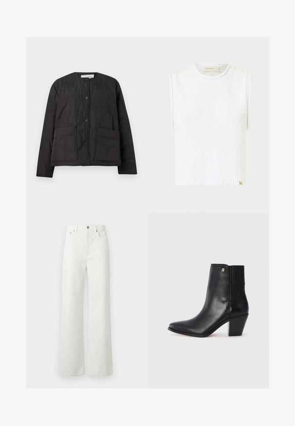 Kvalitetna crna jakna sa kvadratnim uzorkom, okruglim izrezom, zatvaranjem na dugmadi i dva prednja džepa. Ima reljefni, cvjetni uzorak utisnut na tkanini.; Bijela bezrukavna pletena majica s okruglim izrezom, rebrastim rubom i detaljima šivanja s strane; sadrži malu oznaku s brandom na dnu.; Samsøe Samsøe SHELLY - Traperice opuštenog kroja - clear cream; Crne kožne gležnjače s šiljastim prstom, elastičnim bočnim panelima i kvadratnom petom. Sadrže mali zlatni logos.