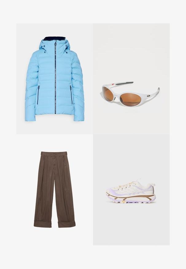Hellblaue gepolsterte Jacke mit Reißverschluss, Kapuze und dunkelblauen Akzenten. Verfügt über seitliche Taschen und gerippte Bündchen. Sanfte, weiche Textur.; Weißes T-Shirt mit kurzen Ärmeln, rundem Halsausschnitt, lockerer Passform und leicht abgerundetem Saum. Hergestellt aus einem glatten, weichen Stoff mit minimalen Nähten.; Braune weite Hosen aus Baumwolle mit Knopfverschluss, gefältelter Vorderseite und umgeschlagenen Säumen für einen entspannten Sitz.; Leichte Laufschuhe mit einem Obermaterial aus Creme- und Lavendel-Mesh, verstärkter Gummisohle und ausgeprägten Rillen für besseren Halt.; Weiße Sonnenbrille mit braunen Gläsern, ovale Form, aus glattem Kunststoff, mit grauen Akzenten an den Bügeln und einem Logo auf dem Rahmen.