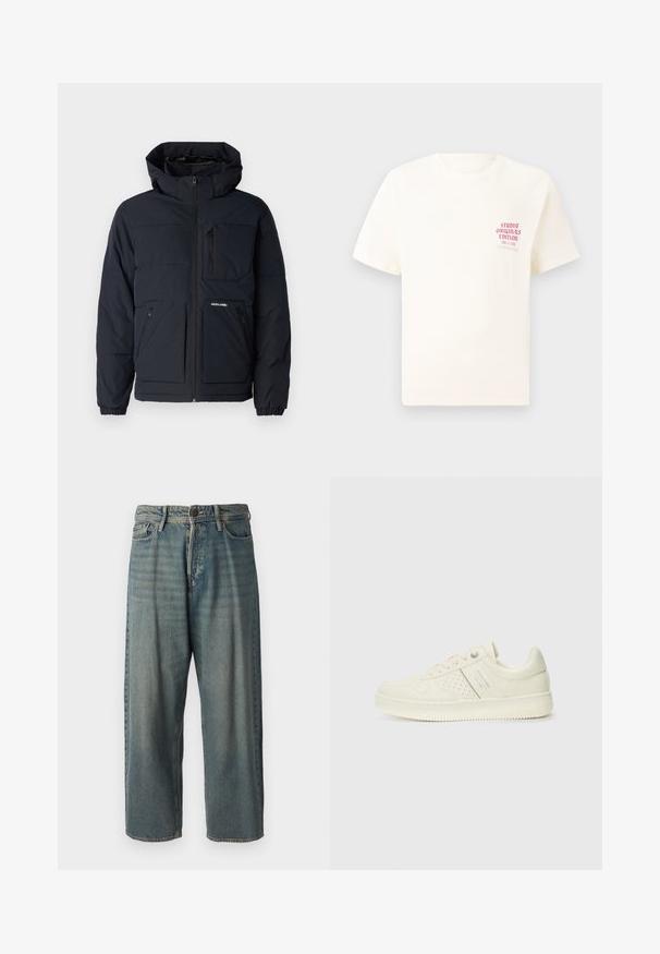 Jūras spēku pūkains džemperis ar kapuci, ar rāvējslēdzēju priekšpusē, divām sānu kabatām un krūšu kabatu. Teksturēta auduma ar šūtu apdari.; Balts īsām piedurknēm T-krekls ar sarkanu tekstu "Studio Originals Edition" uz kreisā krūšu, pakārtots neitrālā pelēkā fonā.; Gaiši zili džinsi ar brīvu piegriezumu, vidējo jostas augstumu un taisnām kājām. Satur piecas kabatas, jostas cilpas un pogu aizdari.; Krēmbaltie sporta apavi ar perforētu detaļām, auklām un logotipu sānos, attēloti uz vienkārša baltā fona.