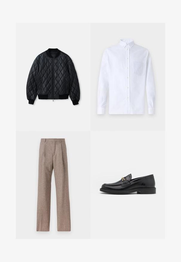 Černá prošívaná bomber bunda s kulatým výstřihem, předním zipem a pružnými pletenými manžetami a lemem. Vyrobena z hladkého, lehkého materiálu.; Bílá dlouhá košile s knoflíky vyrobená z bavlny, která má náprsní kapsu s tónovanou výšivkou, límec a knoflíkové manžety.; Hnědé kalhoty s vysokým pasem vyrobené z texturované látky. Mají široké nohavice a dva přední sklady pro strukturu. Úhledné provedení bez viditelné kovových částí.; Černé kožené mokasíny s zaoblenou špičkou, vyznačující se zlatými kovovými detaily a prošíváním, umístěné na nízké, texturované gumové podrážce.